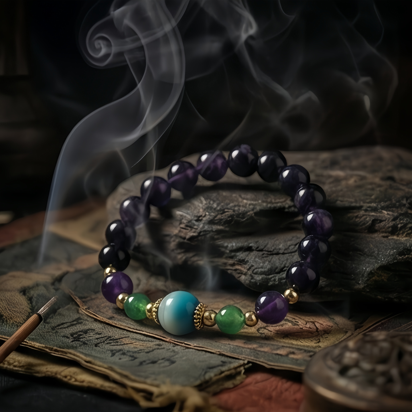 The Violet Kora: Weathered Agate & Faceted Amethyst Heirloom Bracelet